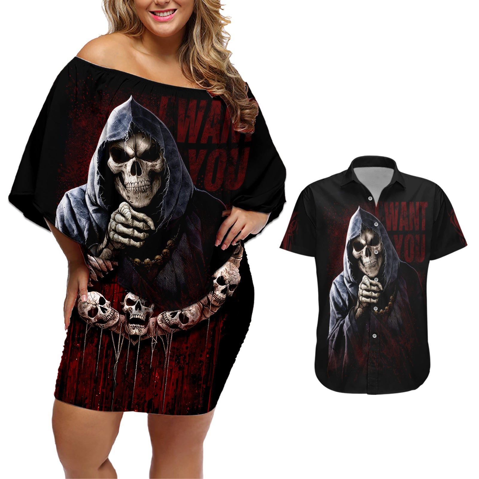 Reaper Couples Matching Off Shoulder Short Dress and Hawaiian Shirt Uncle Death Angel Peace Skull - Wonder Print Shop