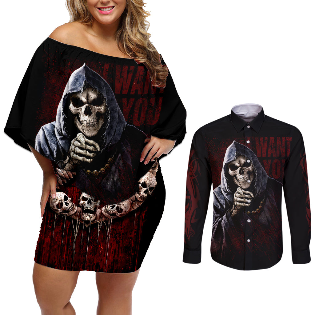 Reaper Couples Matching Off Shoulder Short Dress and Long Sleeve Button Shirts Uncle Death Angel Peace Skull - Wonder Print Shop