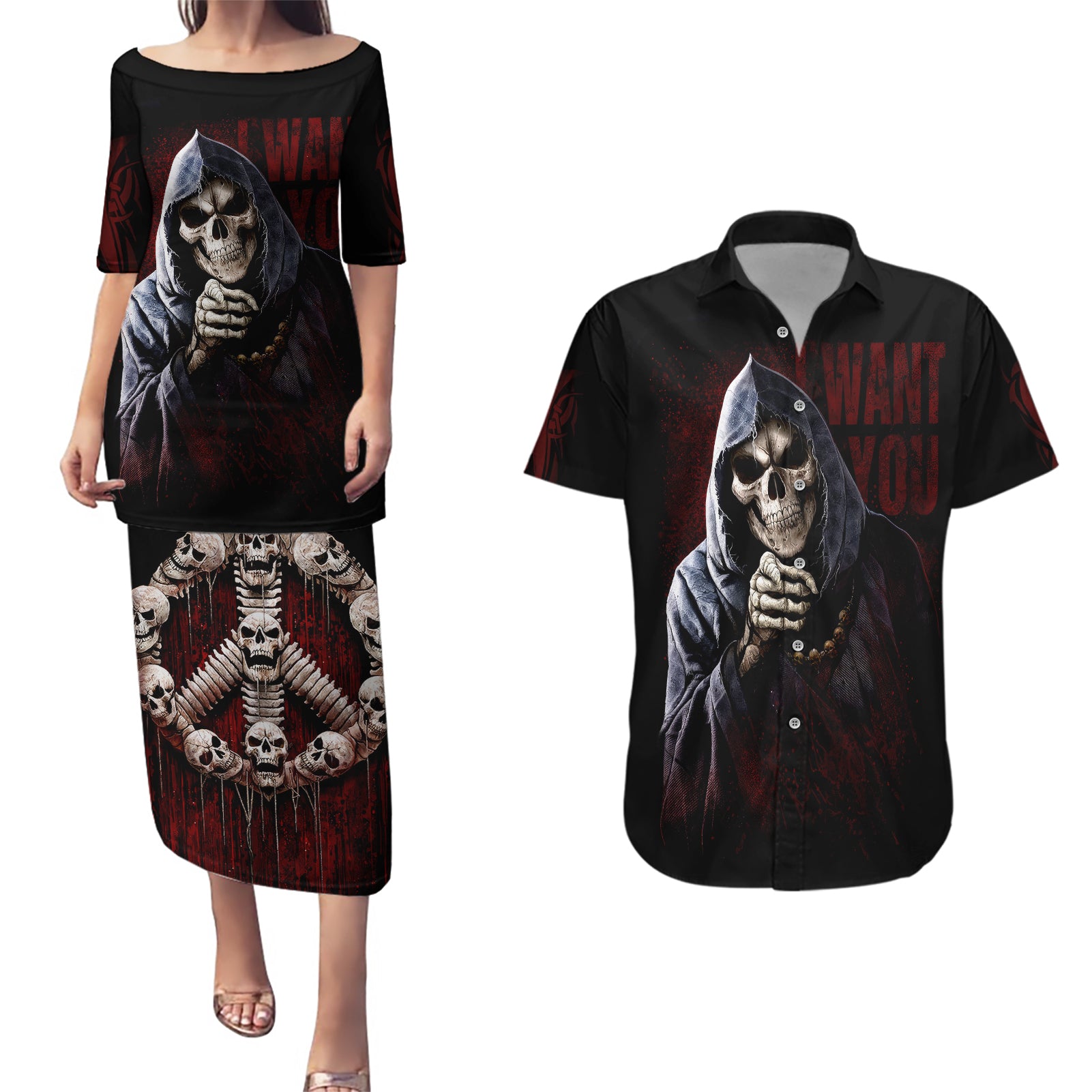 Reaper Couples Matching Puletasi Dress and Hawaiian Shirt Uncle Death Angel Peace Skull - Wonder Print Shop