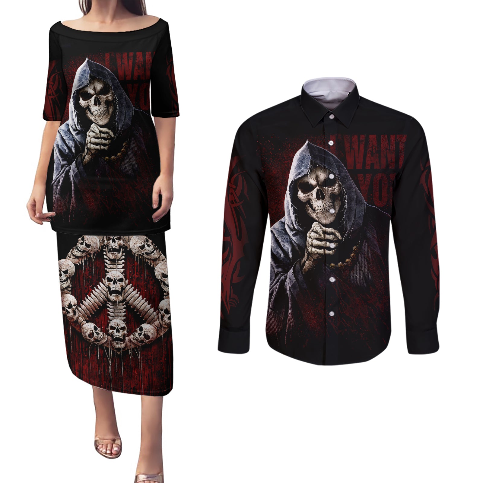 Reaper Couples Matching Puletasi Dress and Long Sleeve Button Shirts Uncle Death Angel Peace Skull - Wonder Print Shop