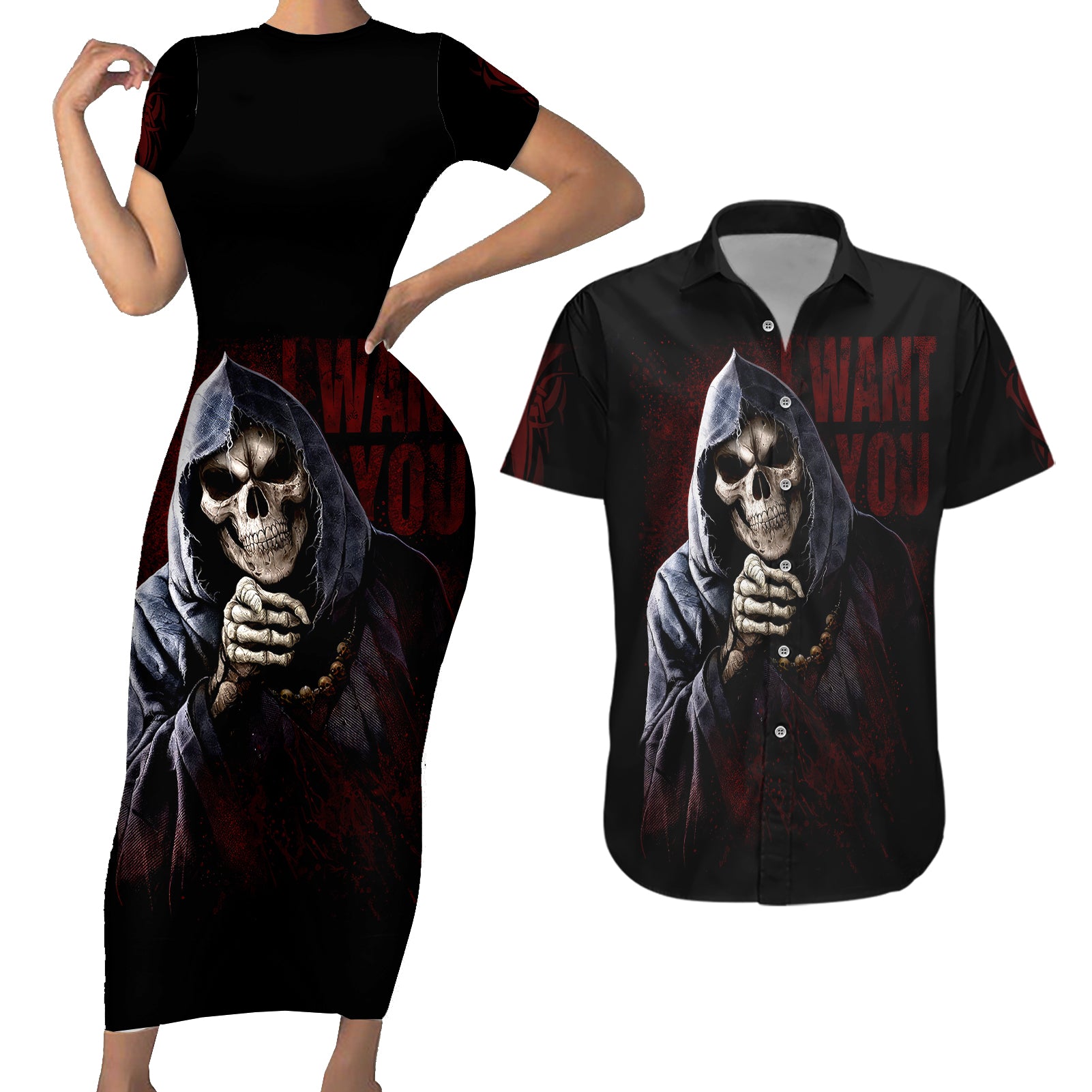 Reaper Couples Matching Short Sleeve Bodycon Dress and Hawaiian Shirt Uncle Death Angel Peace Skull - Wonder Print Shop