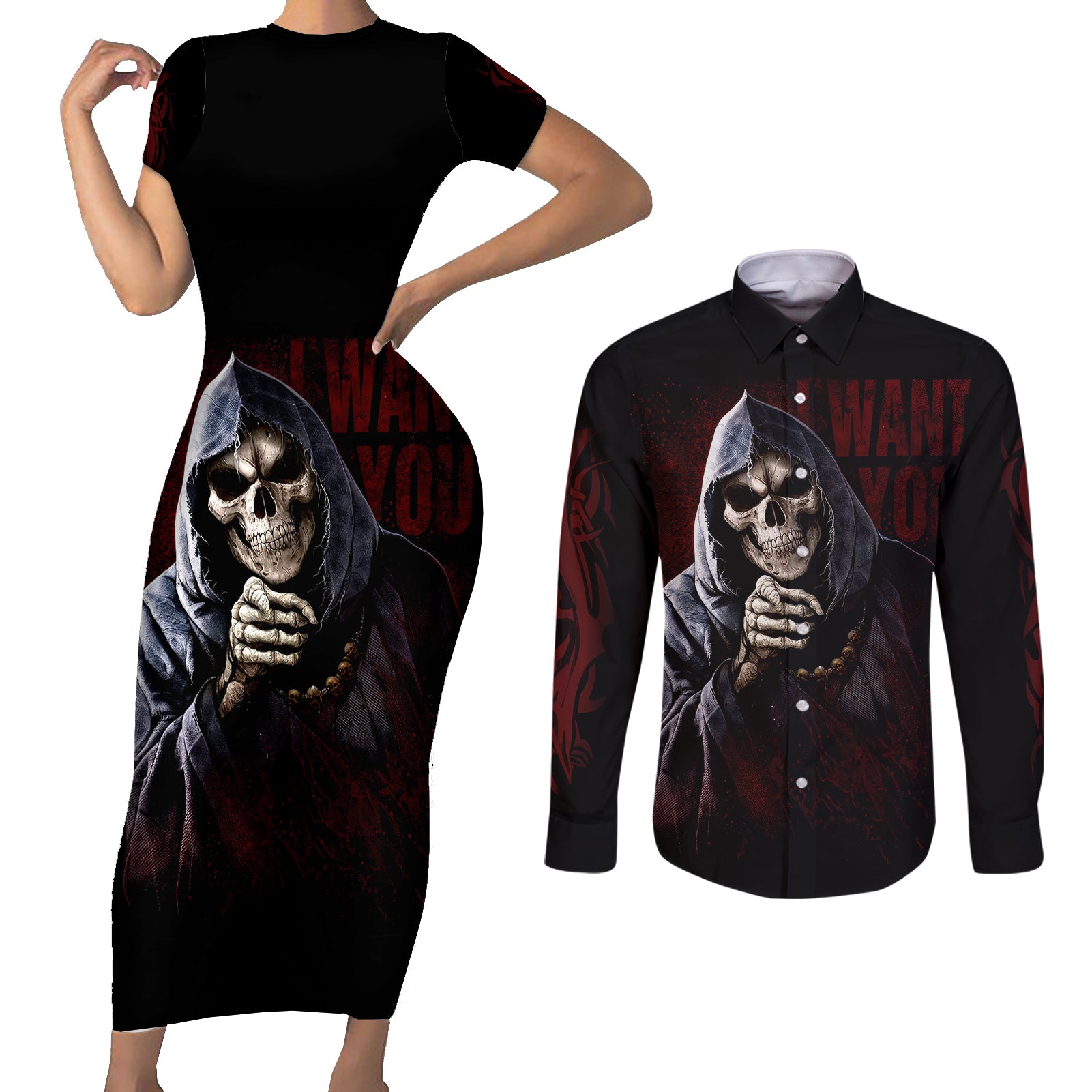 Reaper Couples Matching Short Sleeve Bodycon Dress and Long Sleeve Button Shirts Uncle Death Angel Peace Skull - Wonder Print Shop