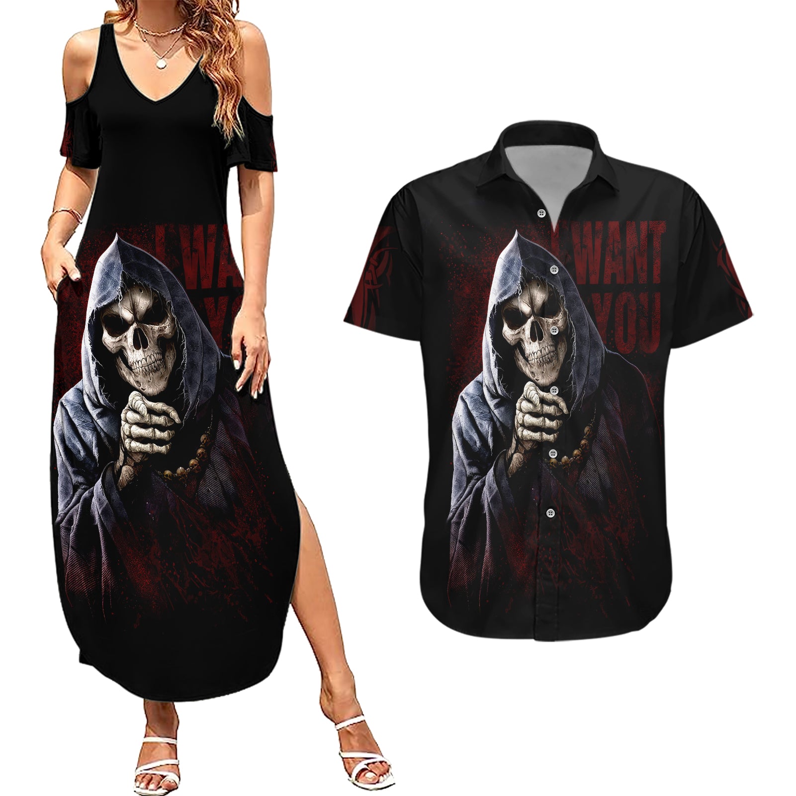 Reaper Couples Matching Summer Maxi Dress and Hawaiian Shirt Uncle Death Angel Peace Skull - Wonder Print Shop