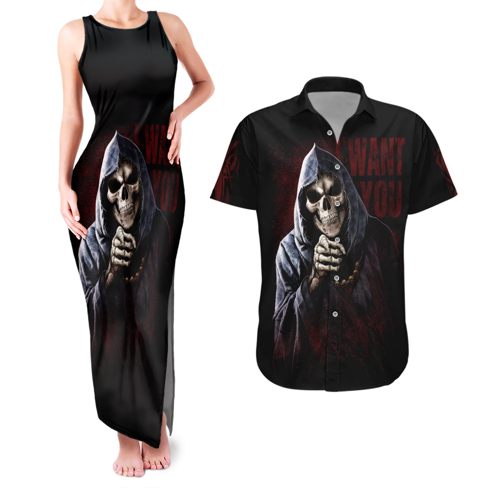 Reaper Couples Matching Tank Maxi Dress And Hawaiian Shirt Uncle Death Angel Peace Skull - Wonder Print Shop