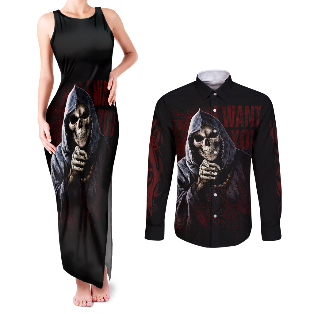 Reaper Couples Matching Tank Maxi Dress and Long Sleeve Button Shirts Uncle Death Angel Peace Skull - Wonder Print Shop