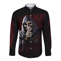 Black long sleeve button shirt with front skull and hooded angel graphic