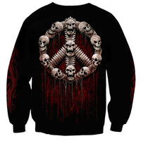 Black unisex sweatshirt back design: skeleton circle of skulls with red drips