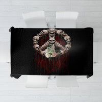 Black tablecloth with centered skull angel graphic and red drips, peaceful motif