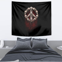 Black wall tapestry featuring a skull ring motif with red dripping detail