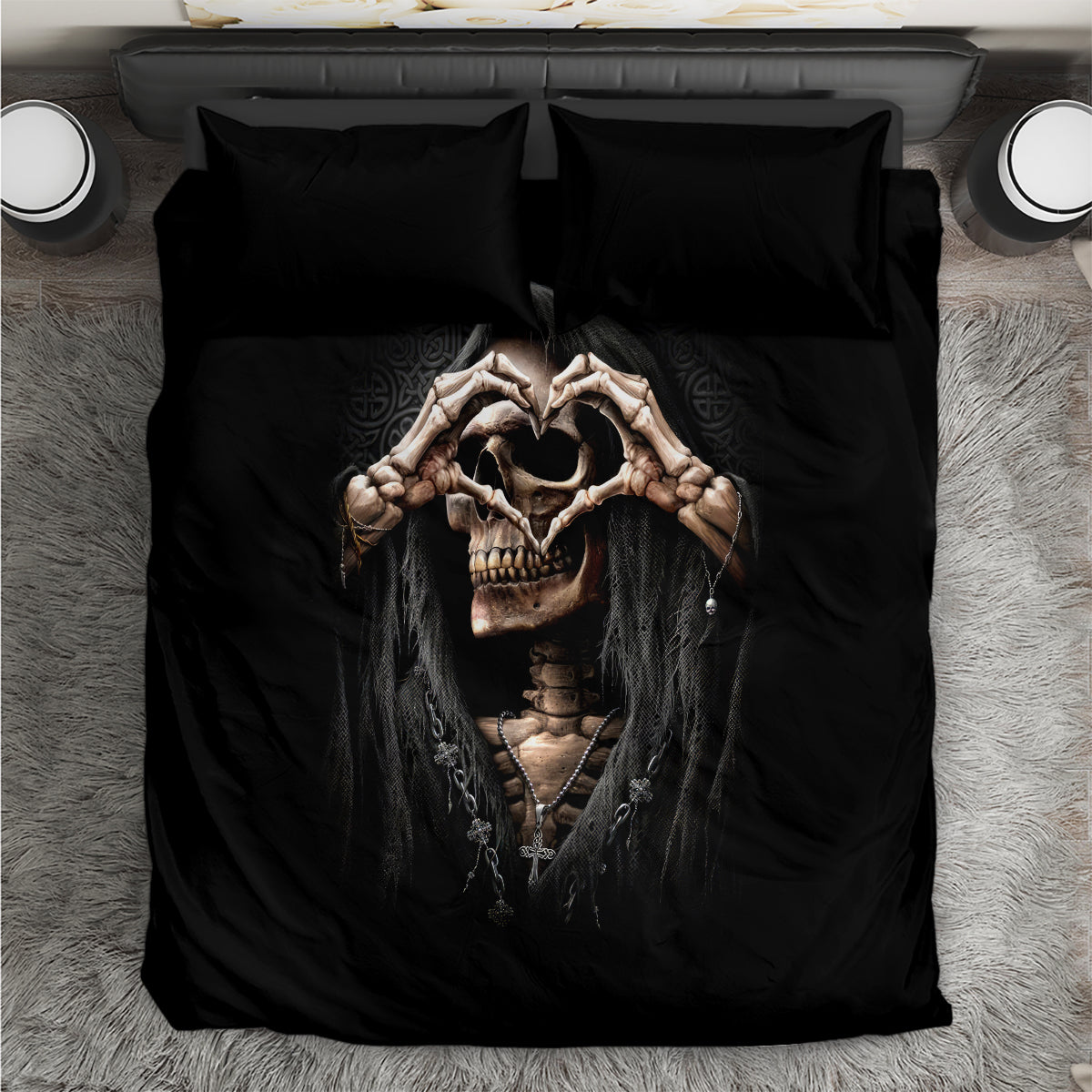 Reaper Heart Bedding Set Eternal Embrace - Uniting Souls in the Realm of Skulls - Wonder Print Shop