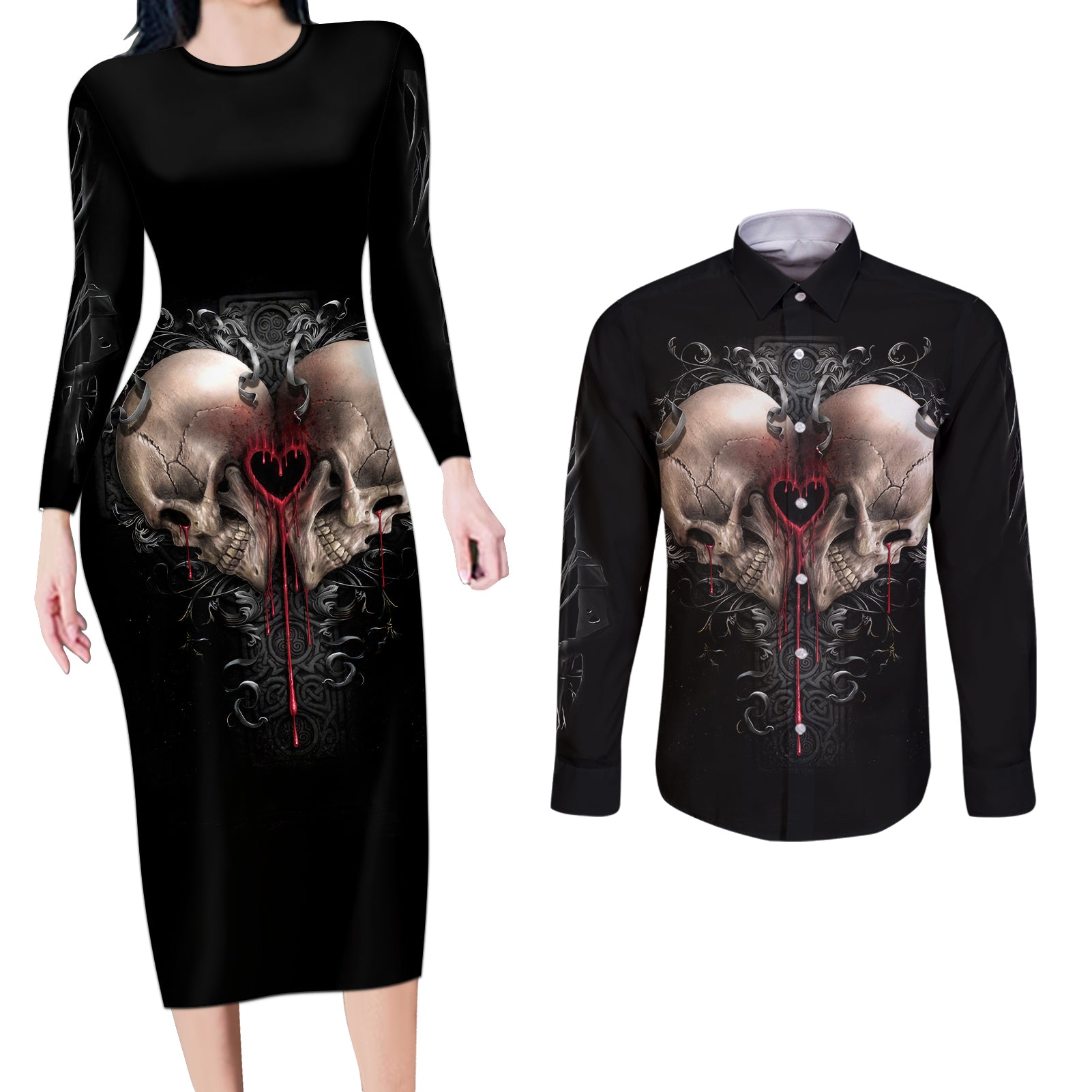 Reaper Heart Couples Matching Long Sleeve Bodycon Dress and Long Sleeve Button Shirts Eternal Embrace - Uniting Souls in the Realm of Skulls - Wonder Print Shop