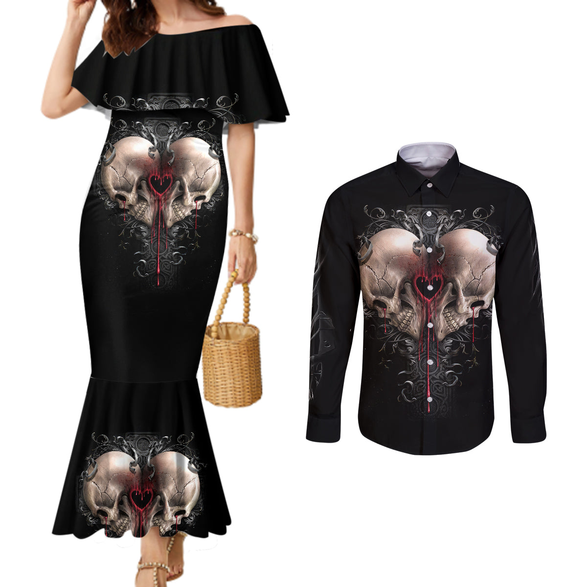 Reaper Heart Couples Matching Mermaid Dress and Long Sleeve Button Shirts Eternal Embrace - Uniting Souls in the Realm of Skulls DT01