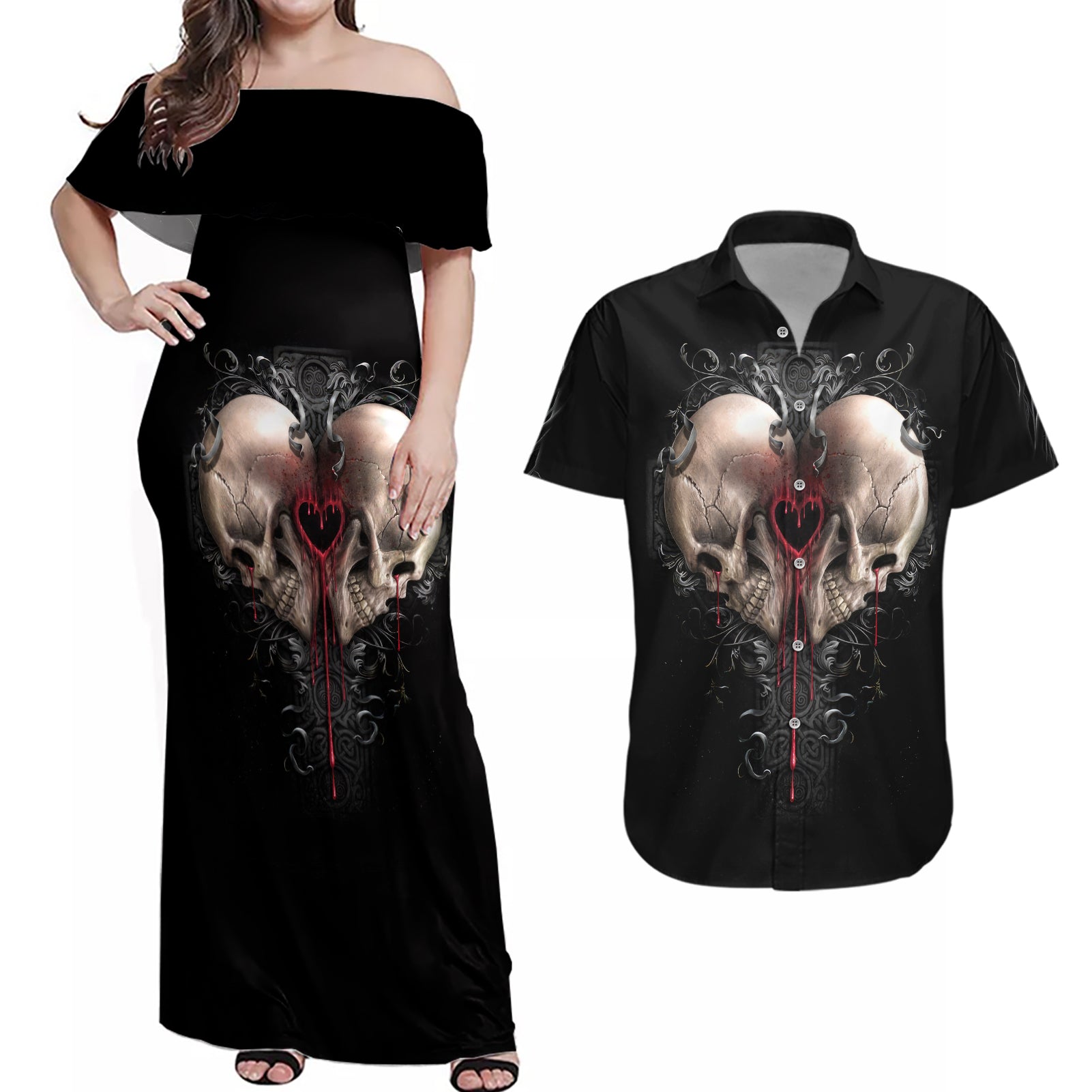 Reaper Heart Couples Matching Off Shoulder Maxi Dress and Hawaiian Shirt Eternal Embrace - Uniting Souls in the Realm of Skulls - Wonder Print Shop