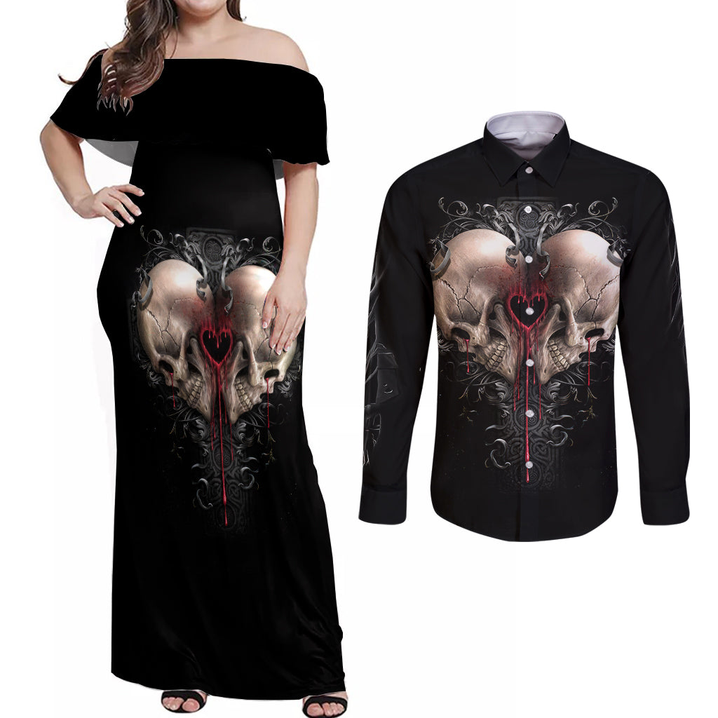 Reaper Heart Couples Matching Off Shoulder Maxi Dress and Long Sleeve Button Shirts Eternal Embrace - Uniting Souls in the Realm of Skulls - Wonder Print Shop