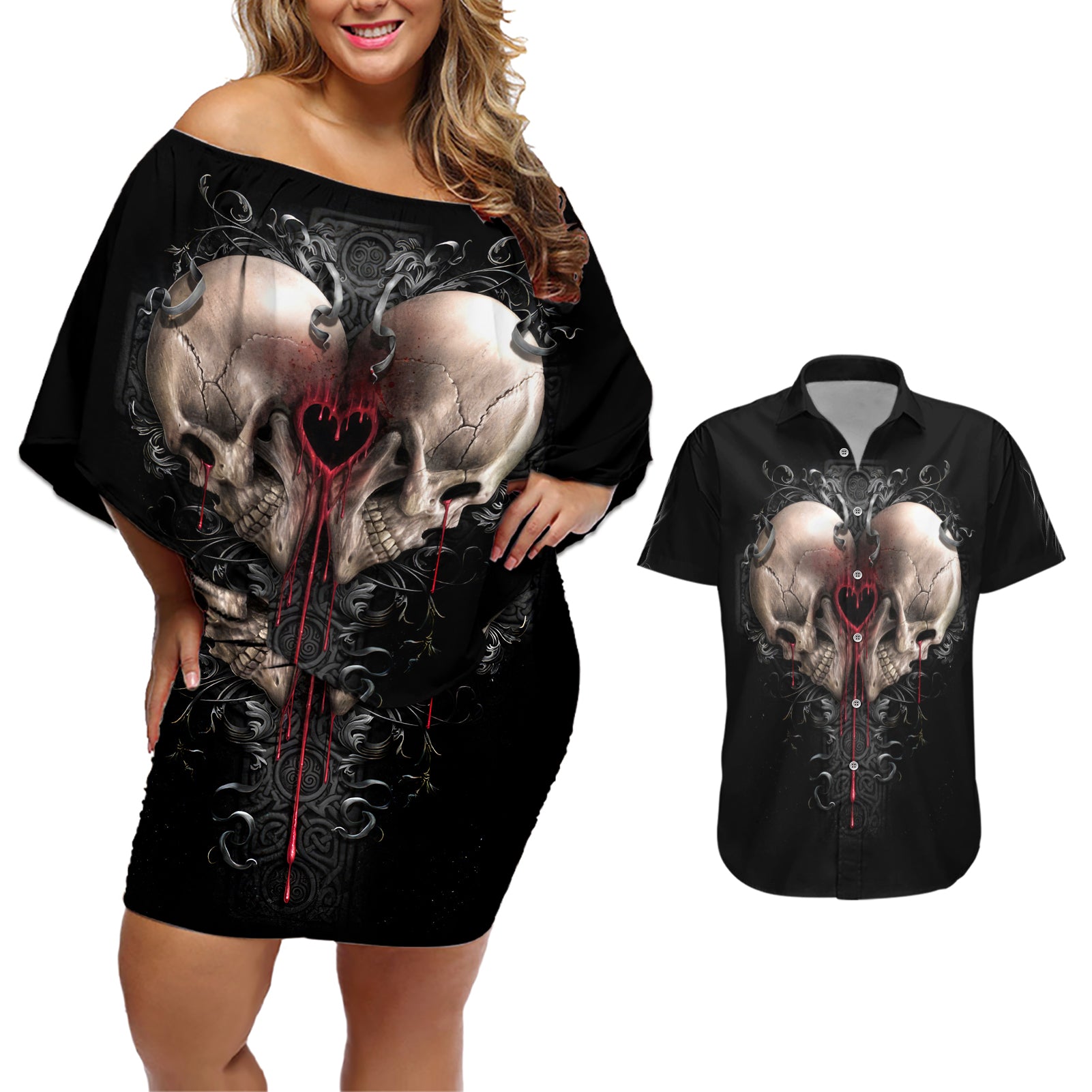 Reaper Heart Couples Matching Off Shoulder Short Dress and Hawaiian Shirt Eternal Embrace - Uniting Souls in the Realm of Skulls - Wonder Print Shop