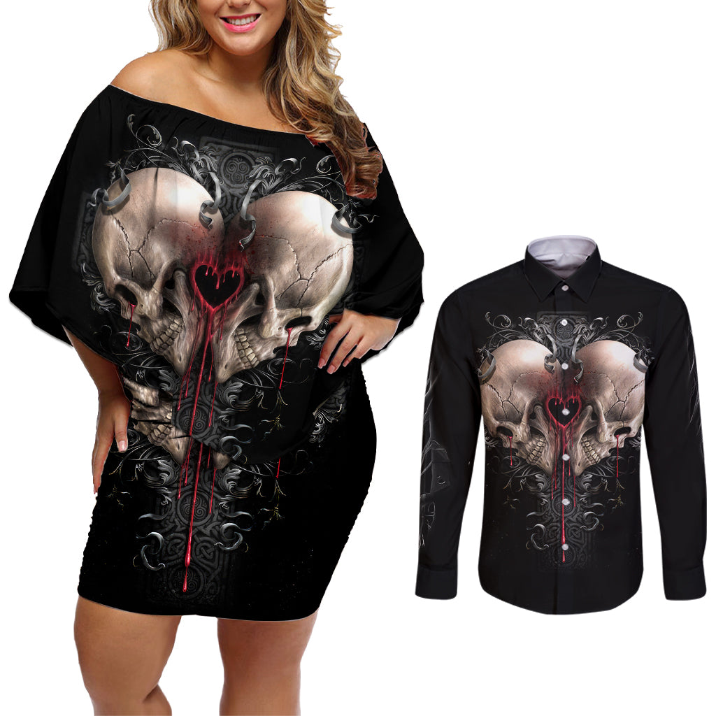 Reaper Heart Couples Matching Off Shoulder Short Dress and Long Sleeve Button Shirts Eternal Embrace - Uniting Souls in the Realm of Skulls - Wonder Print Shop