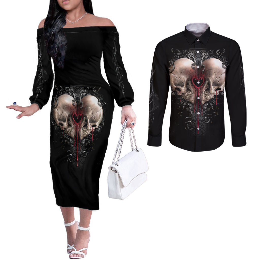 Reaper Heart Couples Matching Off The Shoulder Long Sleeve Dress and Long Sleeve Button Shirts Eternal Embrace - Uniting Souls in the Realm of Skulls DT01