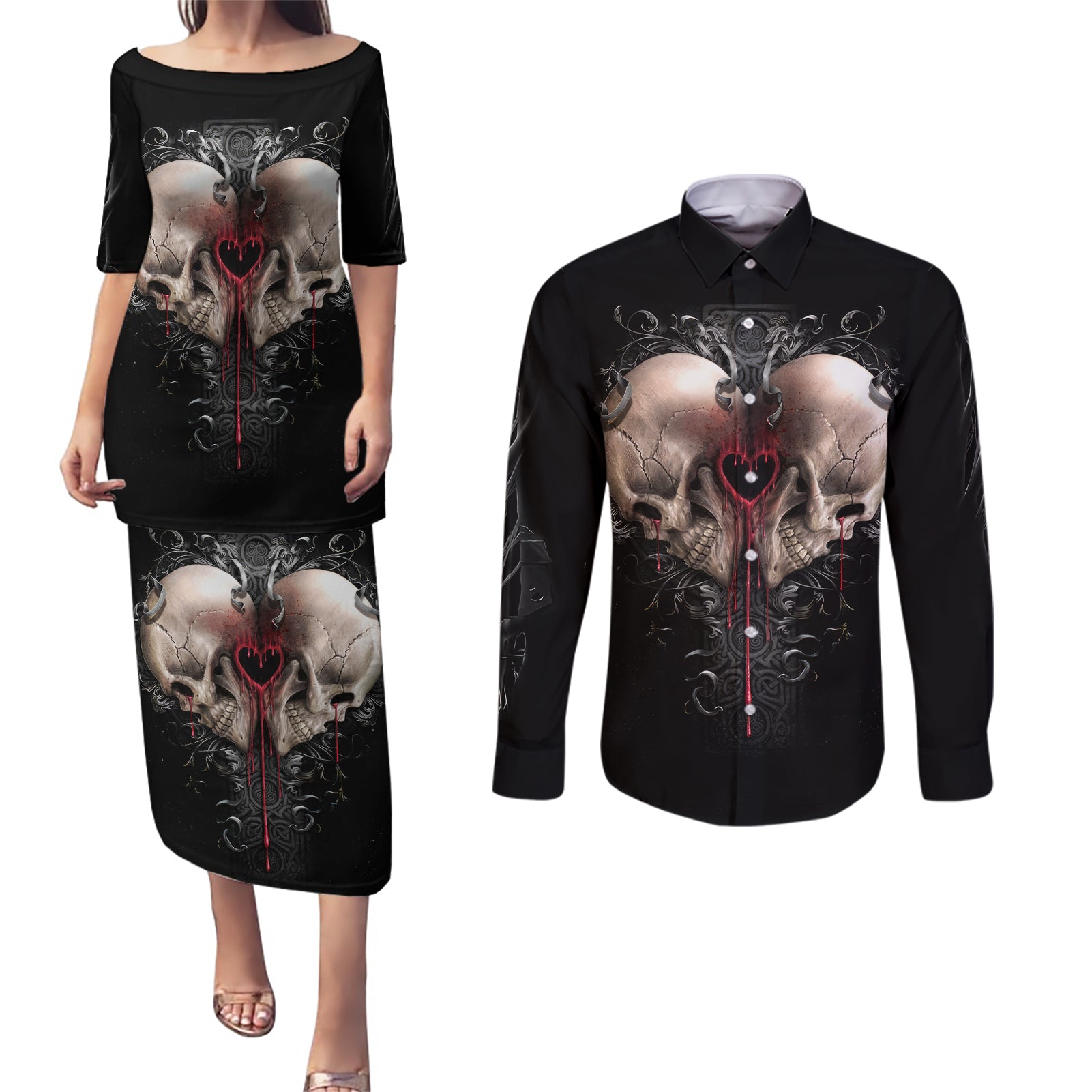 Reaper Heart Couples Matching Puletasi Dress and Long Sleeve Button Shirts Eternal Embrace - Uniting Souls in the Realm of Skulls - Wonder Print Shop