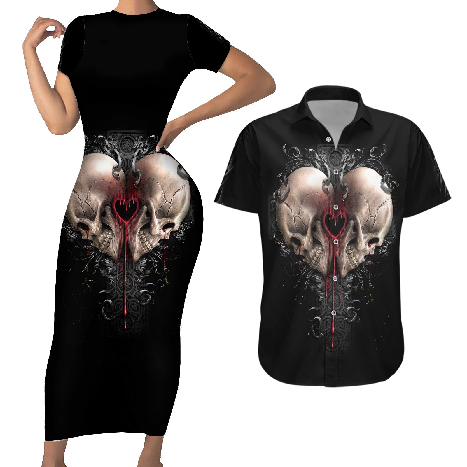 Reaper Heart Couples Matching Short Sleeve Bodycon Dress and Hawaiian Shirt Eternal Embrace - Uniting Souls in the Realm of Skulls - Wonder Print Shop