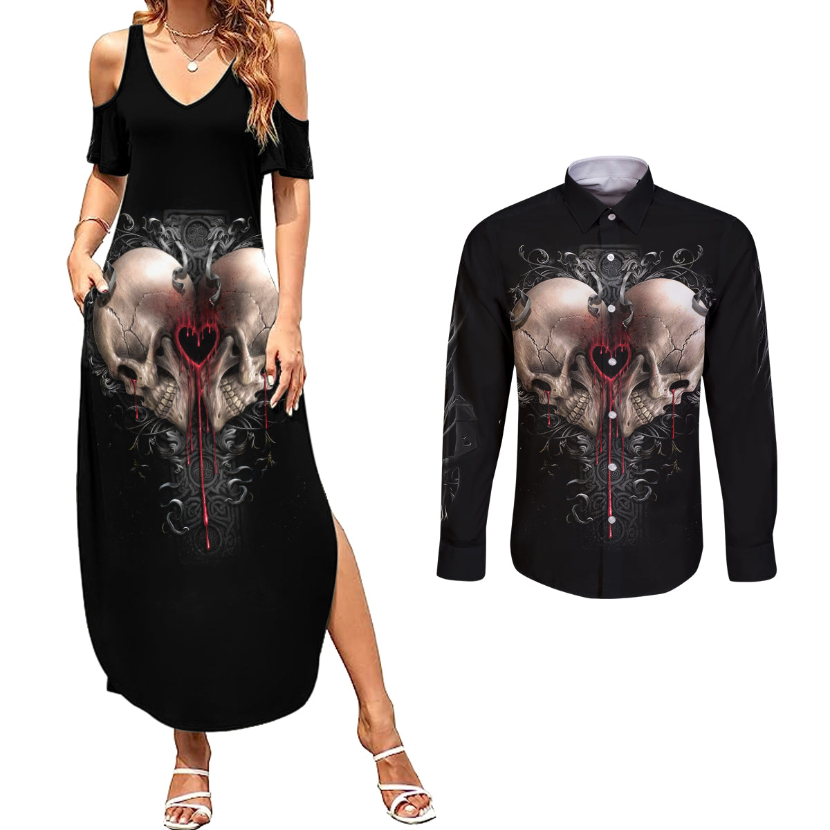 Reaper Heart Couples Matching Summer Maxi Dress and Long Sleeve Button Shirts Eternal Embrace - Uniting Souls in the Realm of Skulls - Wonder Print Shop