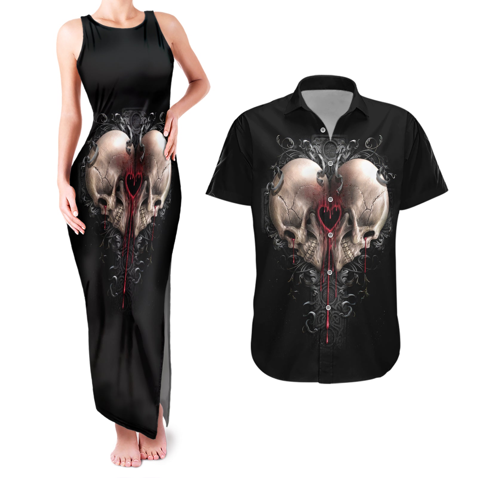 Reaper Heart Couples Matching Tank Maxi Dress And Hawaiian Shirt Eternal Embrace - Uniting Souls in the Realm of Skulls - Wonder Print Shop