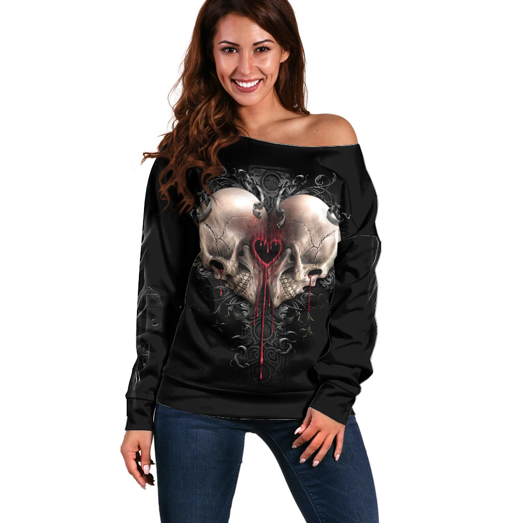 Reaper Heart Off Shoulder Sweater Eternal Embrace - Uniting Souls in the Realm of Skulls - Wonder Print Shop