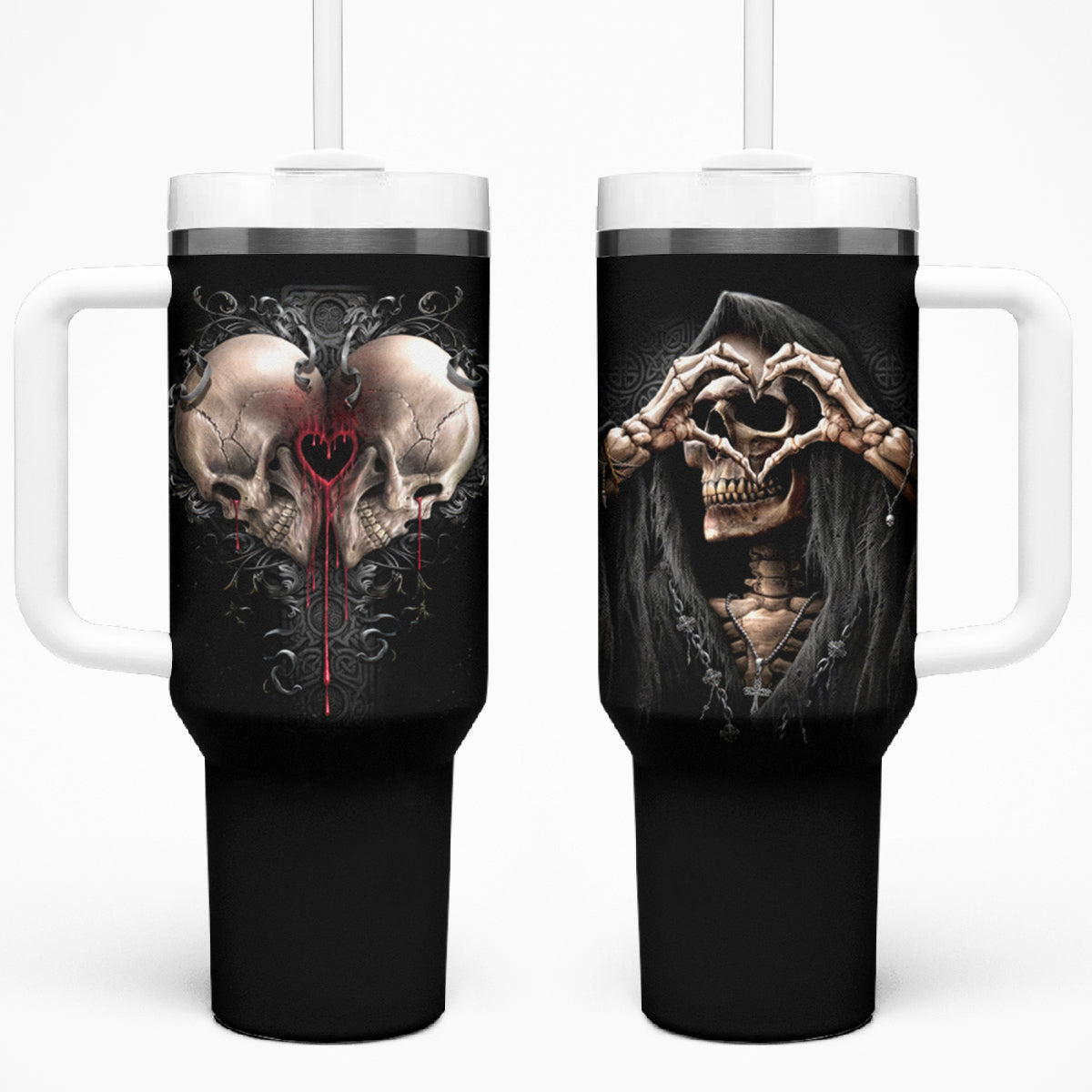 Reaper Heart Tumbler With Handle Eternal Embrace - Uniting Souls in the Realm of Skulls