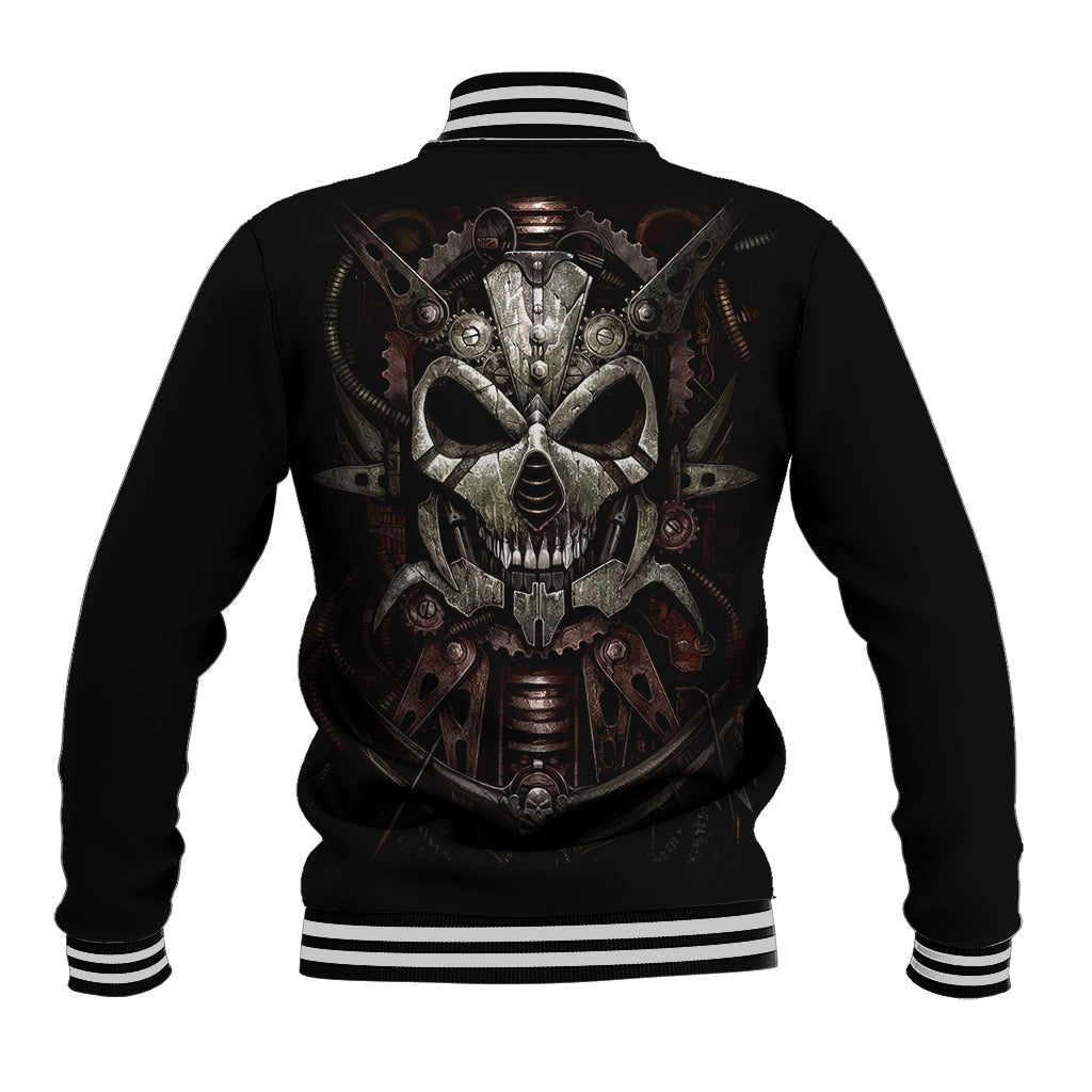 Black unisex baseball jacket, mechanical skull back graphic; striped ribbed hem and cuffs