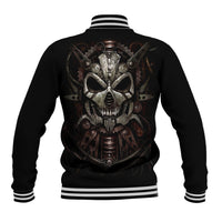 Black unisex baseball jacket, mechanical skull back graphic; striped ribbed hem and cuffs
