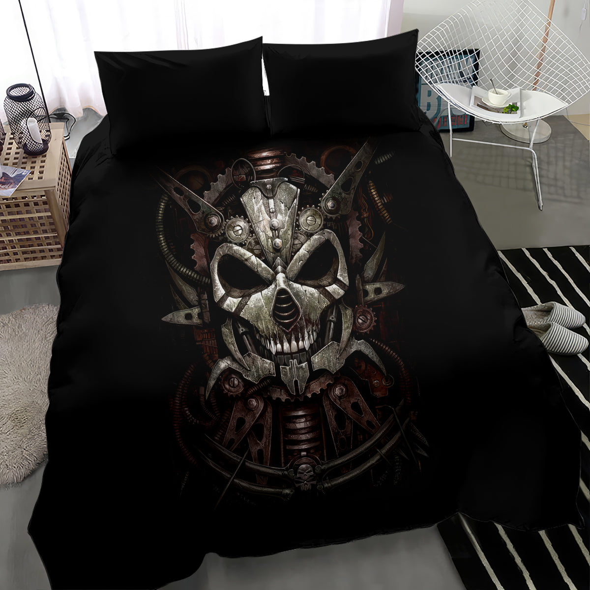 Black bedding set with mechanical skull graphic on duvet and two pillowcases.