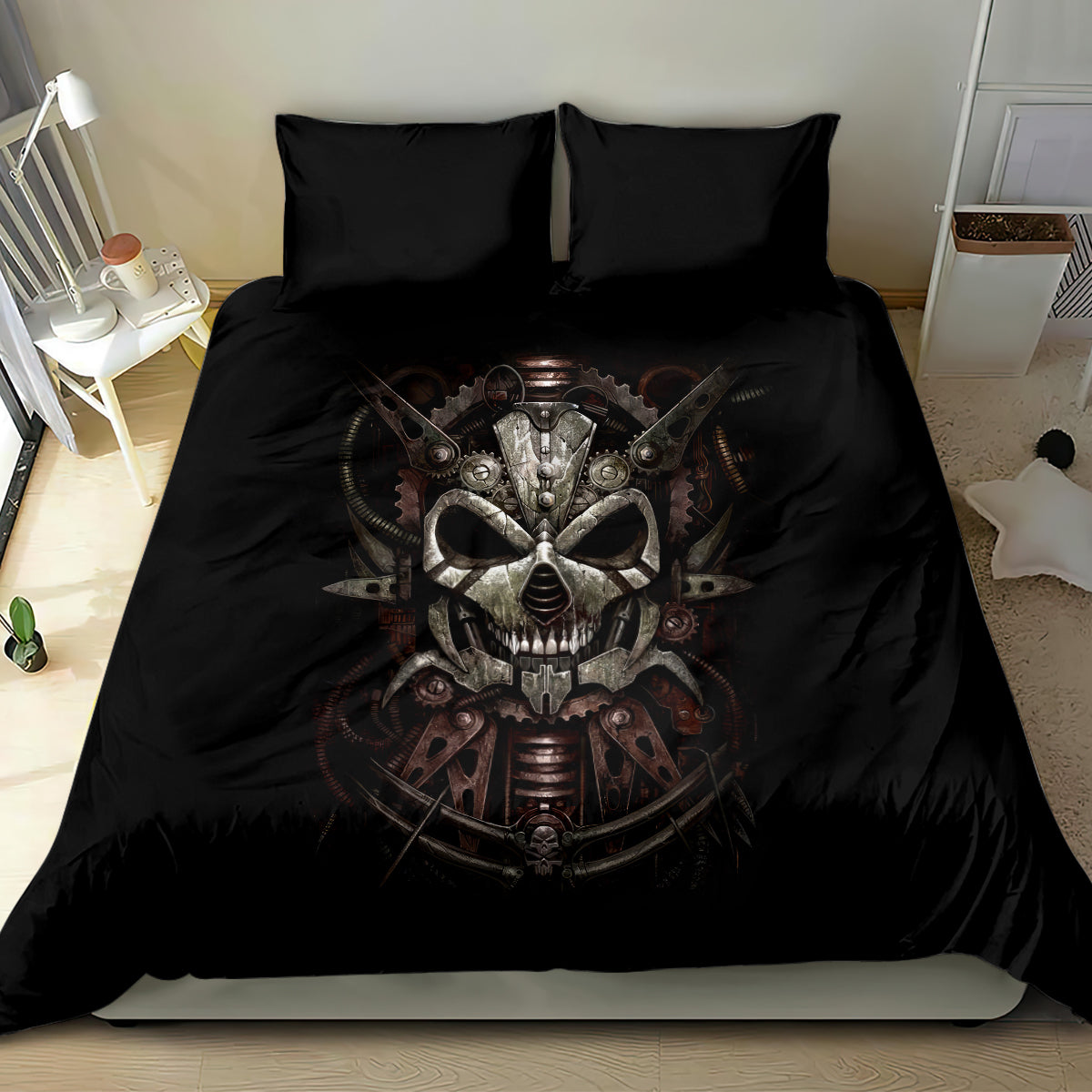 Black bedding set featuring mechanical skull artwork centered on duvet and pillows.