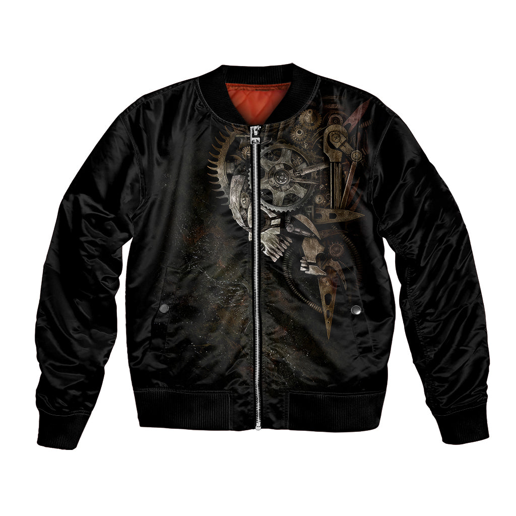 Black bomber jacket with mechanical skull graphic, front zip, ribbed cuffs