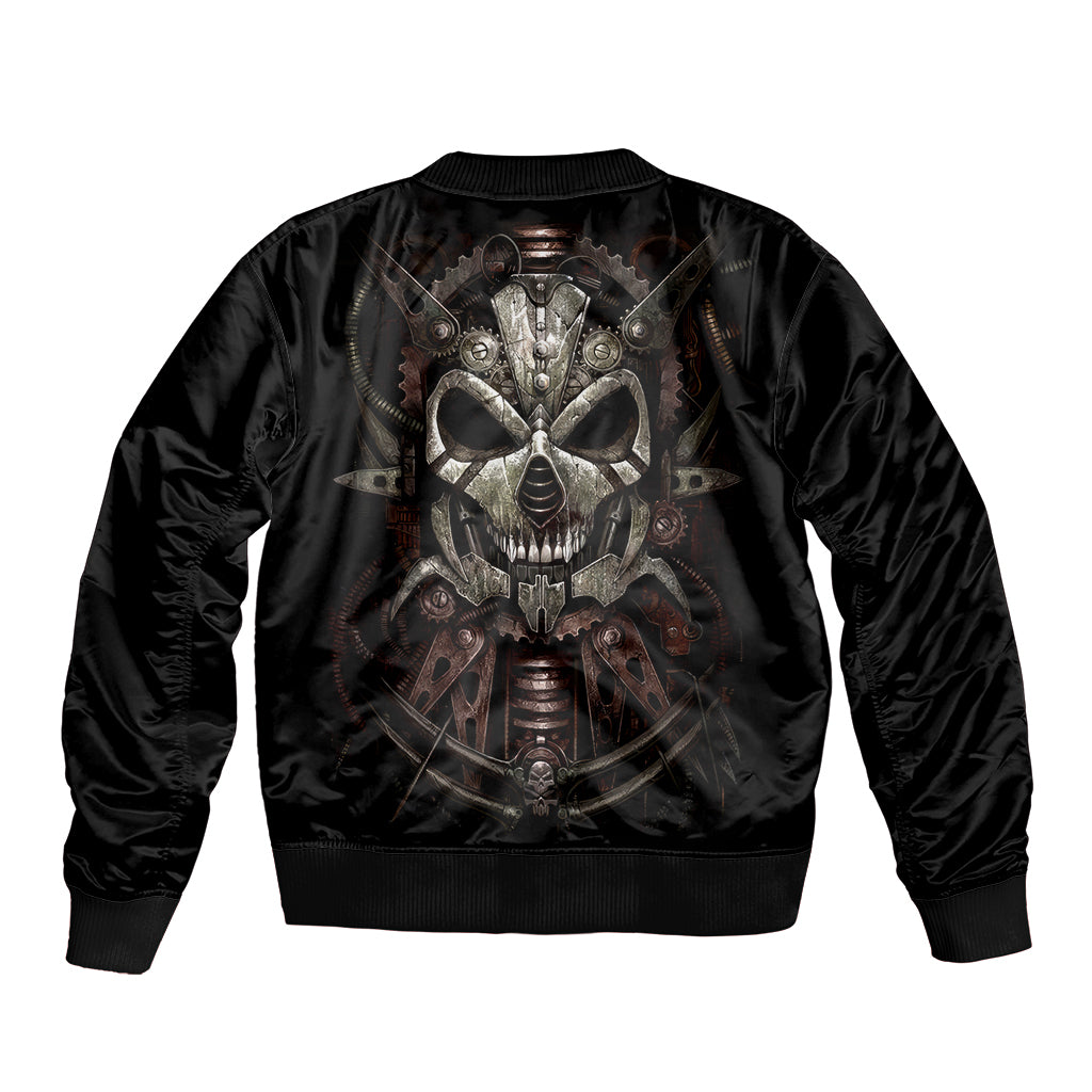 Black bomber jacket with mechanical skull graphic on back, ribbed hem and collar