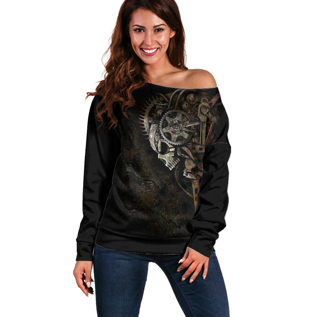 Unveiling the Mechanical Skull Off Shoulder Sweater Cybernetic Enigma - Wonder Print Shop