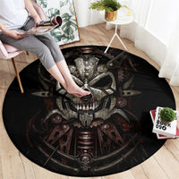 Black round skull rug featuring steel mask face and circular gear pattern