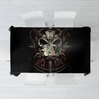 Black tablecloth with mechanical skull and ornate gear graphic, centered front view