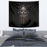Black wall tapestry featuring a mechanical skull with metallic face and dark details