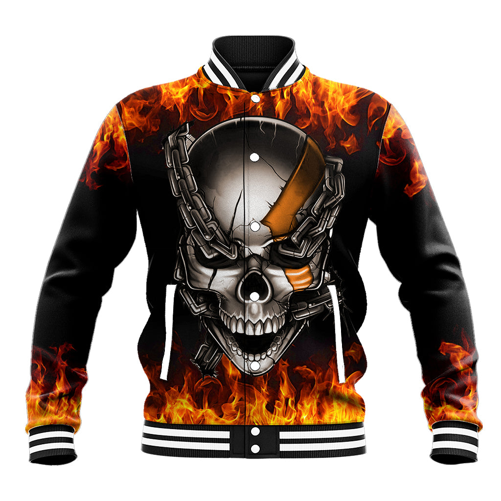 Metal Skull Baseball Jacket Infernal Chains in Fiery Abyss - Wonder Print Shop