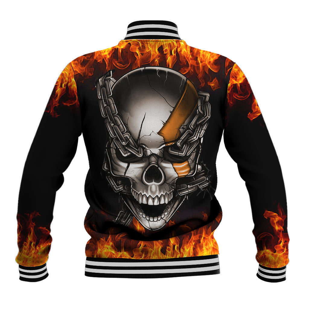 Black baseball jacket with fiery skull and chain graphic, striped rib knit cuffs.