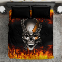 Black bedding set with flaming skull-and-chain artwork on duvet cover and two pillows