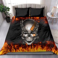 Flaming skull with silver chains on black duvet cover, two pillows in bedding set
