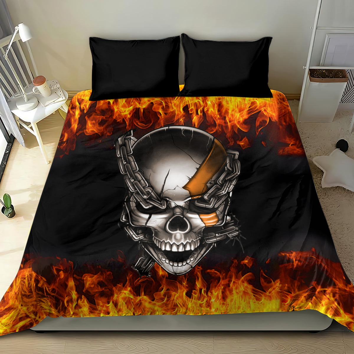 Skull and chain flame duvet cover on black bedding set with two pillows, centered design