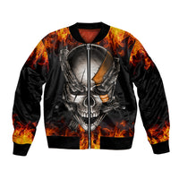 Unisex black bomber jacket with fiery flame print, metal skull and chain graphic front