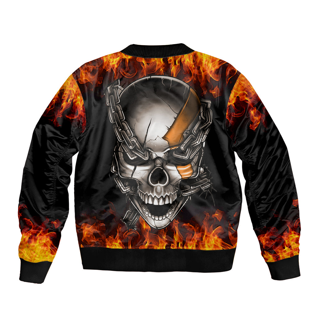 Unisex black bomber jacket with fiery flame print, metal skull and chain graphic on back
