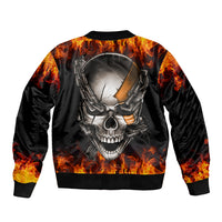 Unisex black bomber jacket with fiery flame print, metal skull and chain graphic on back