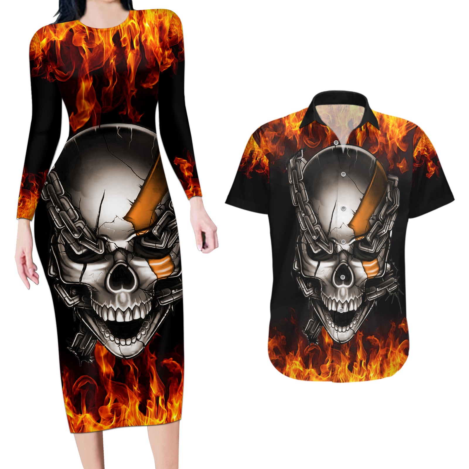 Metal Skull Couples Matching Long Sleeve Bodycon Dress and Hawaiian Shirt Infernal Chains in Fiery Abyss - Wonder Print Shop