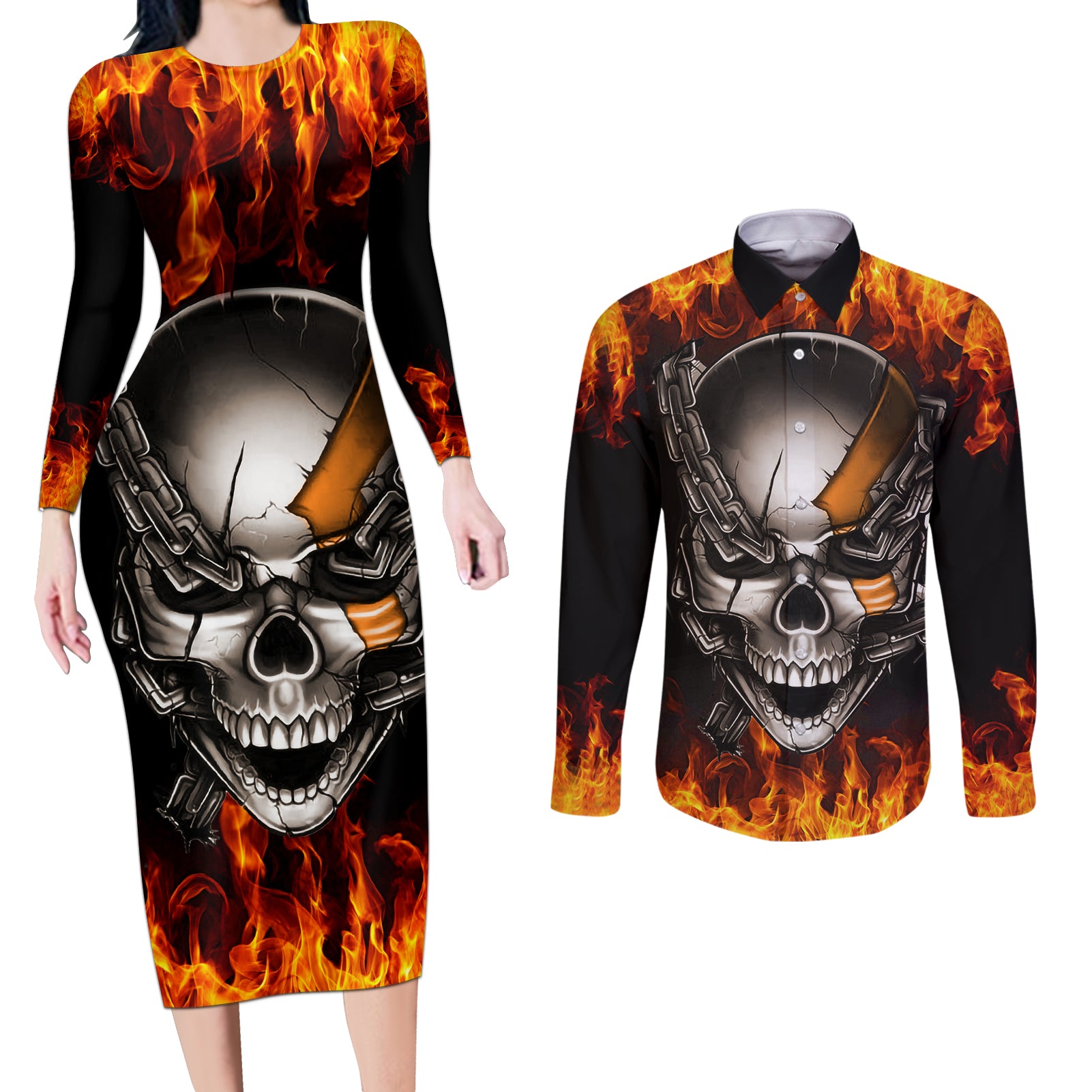 Metal Skull Couples Matching Long Sleeve Bodycon Dress and Long Sleeve Button Shirts Infernal Chains in Fiery Abyss - Wonder Print Shop