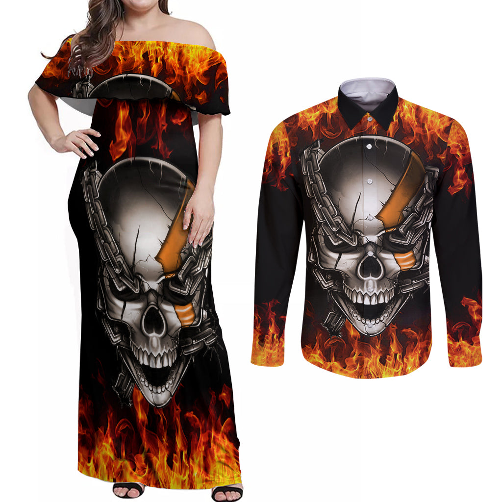 Metal Skull Couples Matching Off Shoulder Maxi Dress and Long Sleeve Button Shirts Infernal Chains in Fiery Abyss - Wonder Print Shop