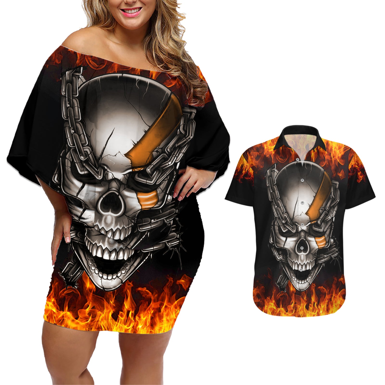 Metal Skull Couples Matching Off Shoulder Short Dress and Hawaiian Shirt Infernal Chains in Fiery Abyss - Wonder Print Shop