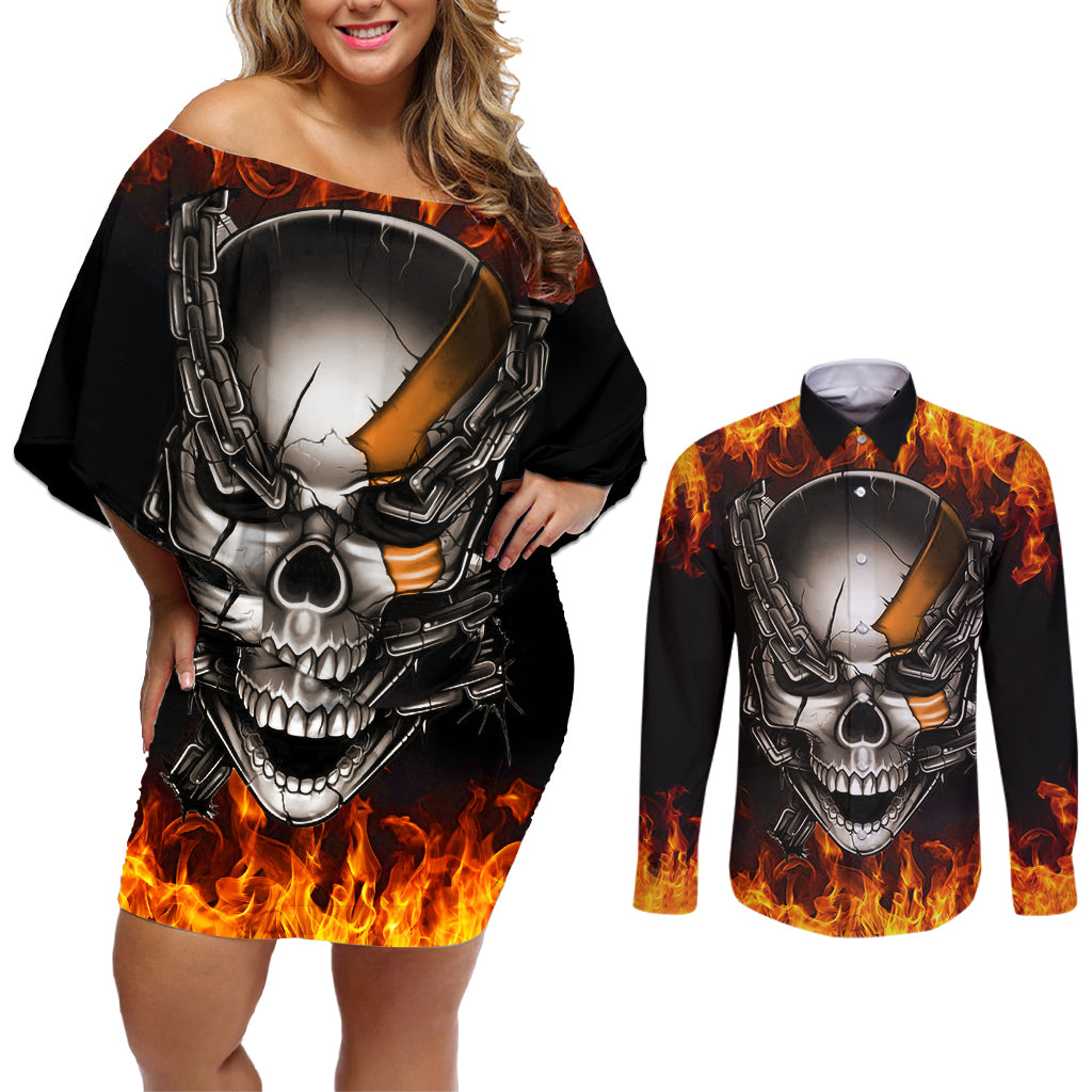 Metal Skull Couples Matching Off Shoulder Short Dress and Long Sleeve Button Shirts Infernal Chains in Fiery Abyss - Wonder Print Shop